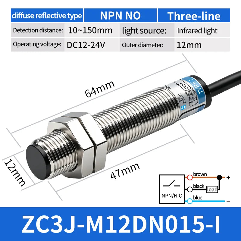 ZHICAN ZC3J M8 M12 M18 Infrared Photoelectric Sensor Diffuse Reflective Adjustable Sensing Distance NPN PNP NO NC