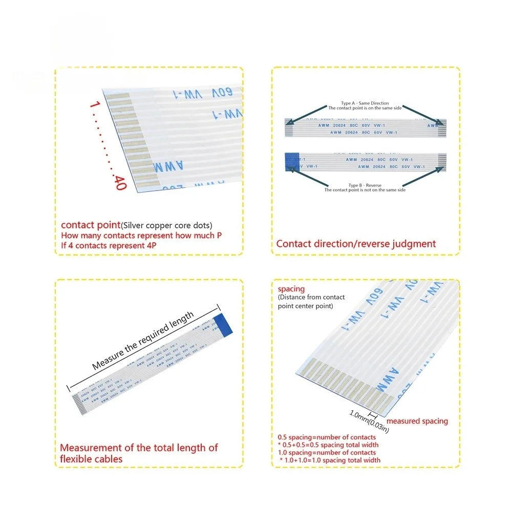10PCS FFC/FPC Flexible Cable Connection Cable Flat 0.5MM 6/8/10/12/24/30/40P Forward Direction/Reverse Direction 10/15/20/30CM