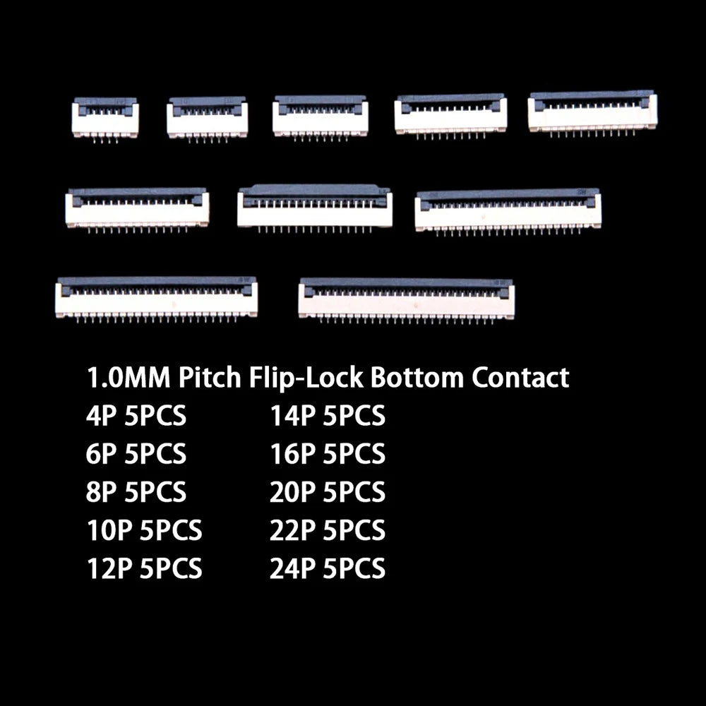 50PCS FFC FPC Connector 1.0mm 4/6/8/10/12/14/16/20/22/24 Pin Top Contact Flat Cable Connector Socket Sets 4P 6P 8P 10P 12P