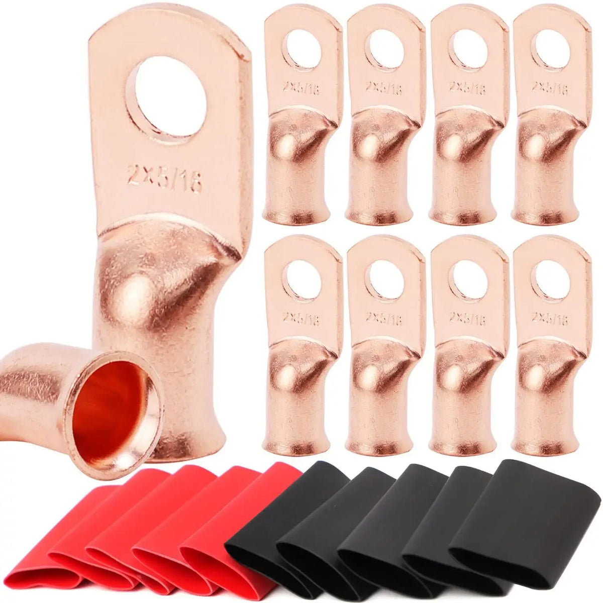 10pcs Copper Terminal Connectors, AWG 2 4 6 8 1/0 2/0 Ring Lug With Shrink Tubing 10Battery Cable Lugs, With 10 Shrink Tubing