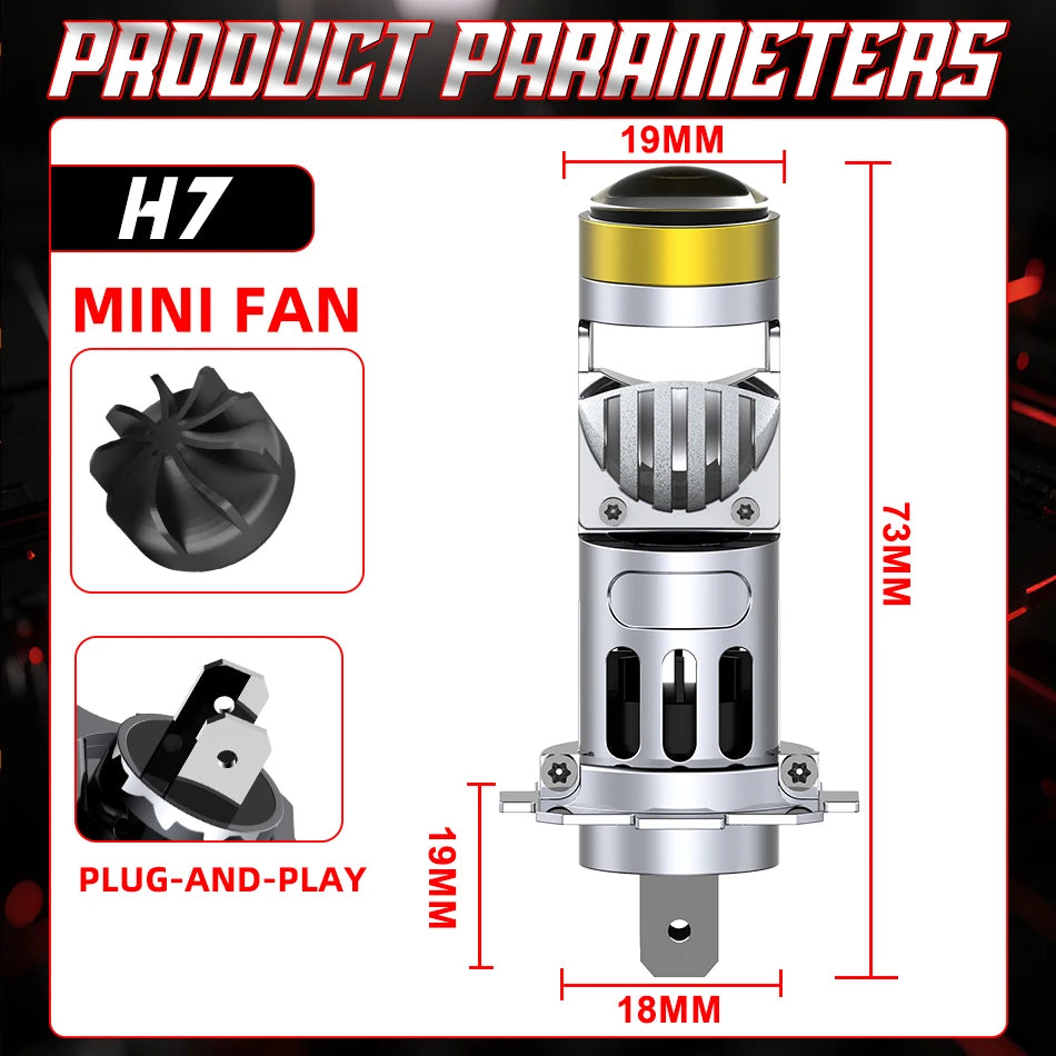 H7 LED Projector Lens 3000W 6000000LM Mini 1:1 H7 Headlight Canbus Fog Bulb Turbo Lamp Motorcycle Light ﻿6500K 12V Wireless Fan