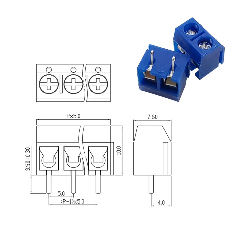 50Pcs/box KF301 2P 3P 4 Pin Pitch 5.0mm PCB Terminal Block Connector Straight Pin Screw Terminal Blocks Connector Kit Blue
