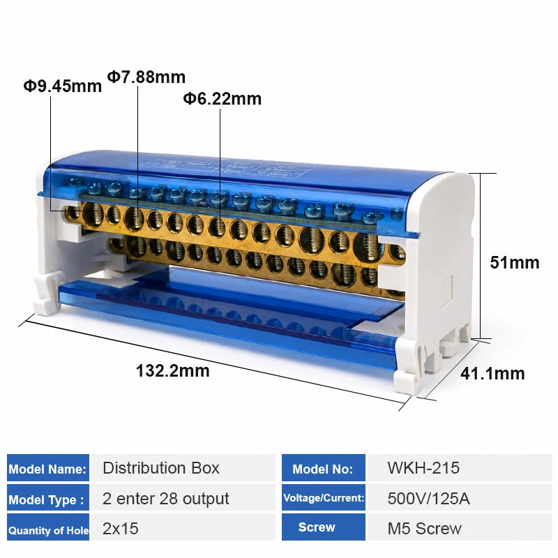 WKH-207/211/215/407/411/415 DIN Rail Distribution Block Multiple Input Output Screw Terminal Electrical Power Junction Box