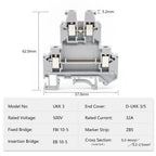 UKK 3 Double Layer Terminal Block, 5.2mm Width, 24A 500V, PA66 V0 Flame Retardant, Screw Clamp, 10pcs (For DIN Rail NS35)