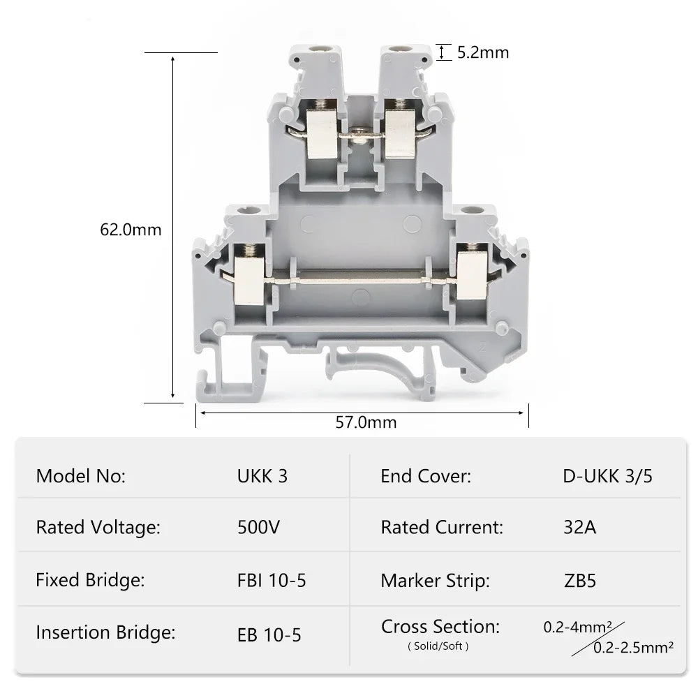 UKK 3 Double Layer Terminal Block, 5.2mm Width, 24A 500V, PA66 V0 Flame Retardant, Screw Clamp, 10pcs (For DIN Rail NS35)