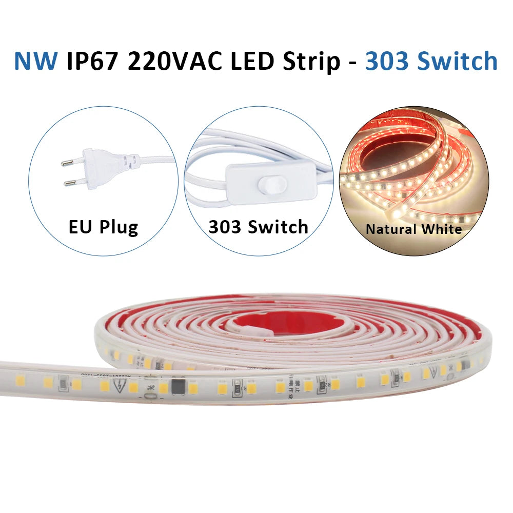 AC 220V 230V 2835 LED Strip Light Waterproof IP67 120LEDs/m Flexible Tape Lamp Warm Cold White 1M 2M 3M 5M 10M 20M Home Lighting