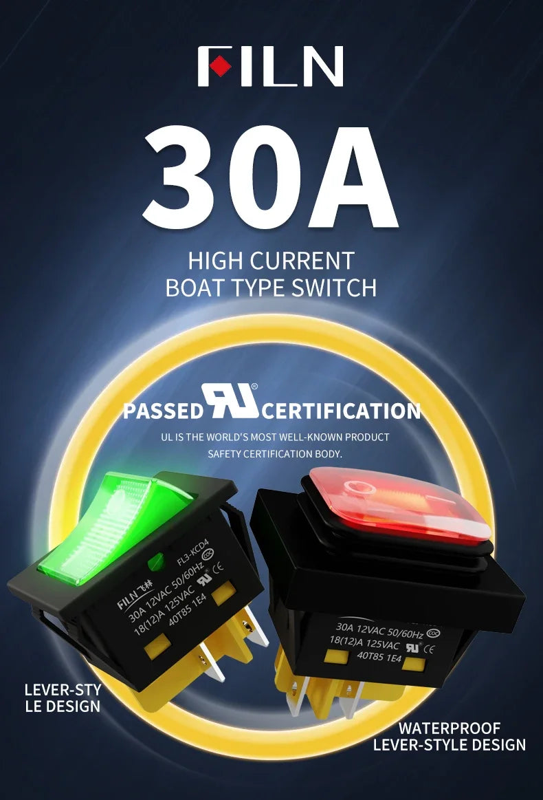 30A/250V Heavy Duty 4 Pin DPST IP67 Sealed Waterproof T85 Auto Boat Marine Toggle Rocker Switch with LED 12V 220V 30x22