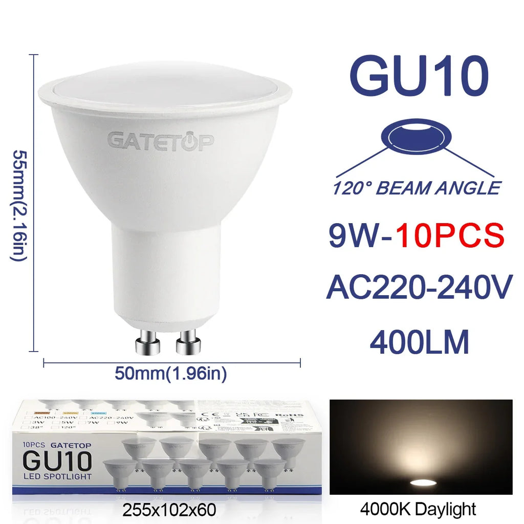 10 Pack Focos Gu10 Spotlight Lampara 220V Led Bulb Wholesale 9W White Warm 3000k 6000K Suitable for Home Commercial Buildings