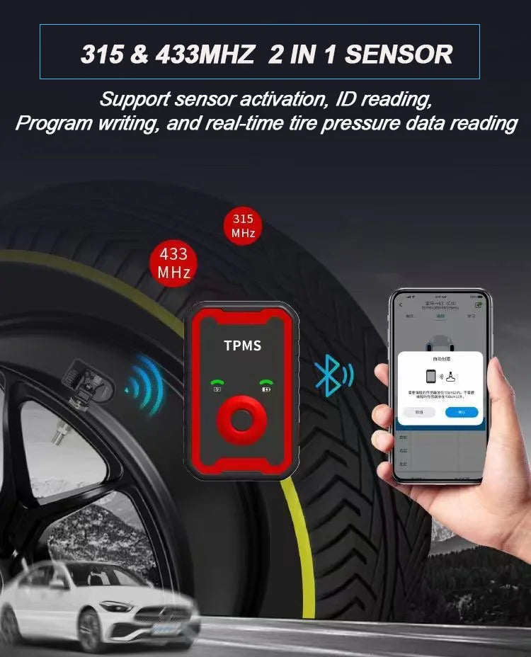 Programmable TPMS Sensors 2 in 1 433MHz+315MHz Support Programming With CELL PHONE Tire Pressure Monitor System