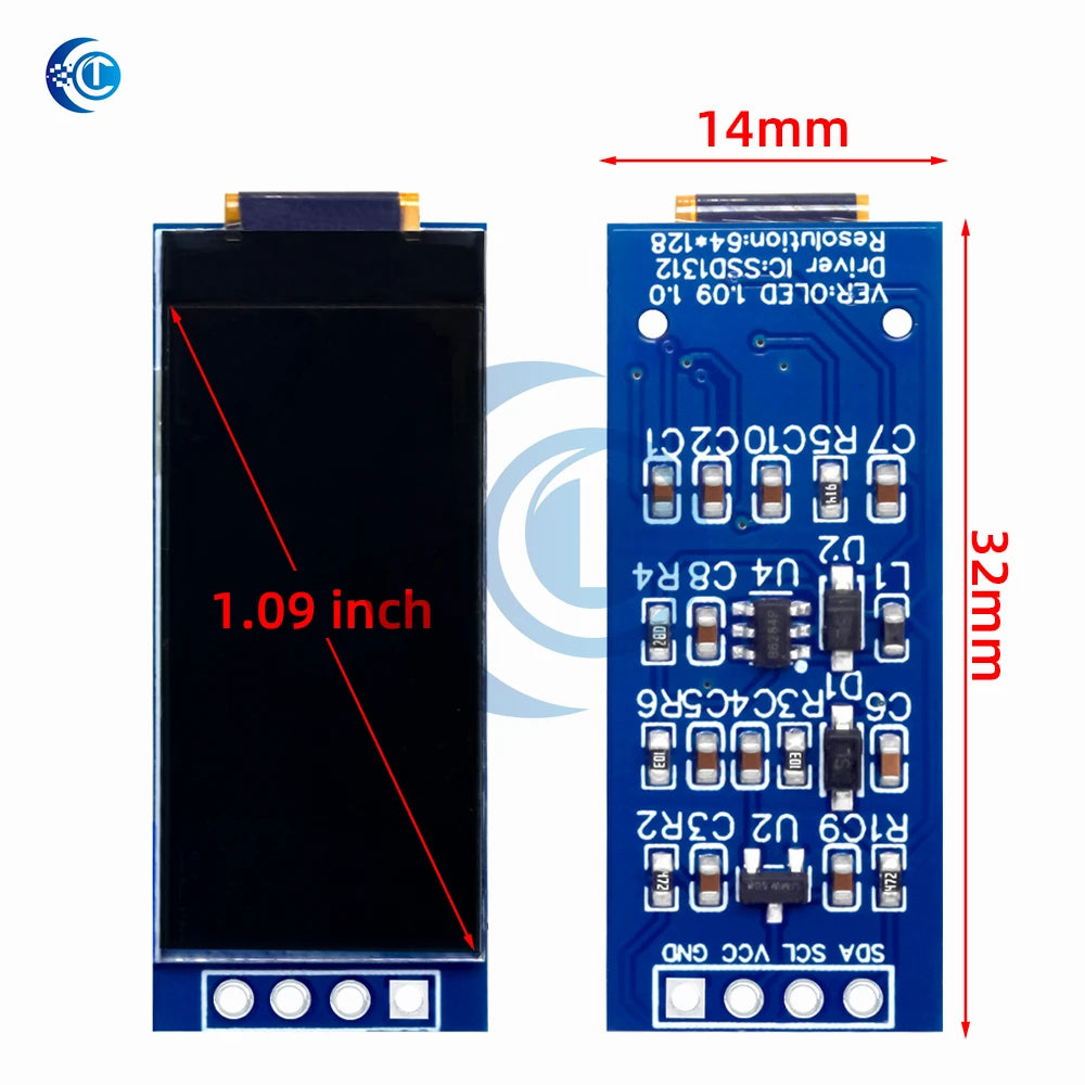 1.09/1.1 Inch OLED Display Module - 128x64 SSD1312 Driver I2C Interface for Arduino (64x128 Resolution, 12864 Type)