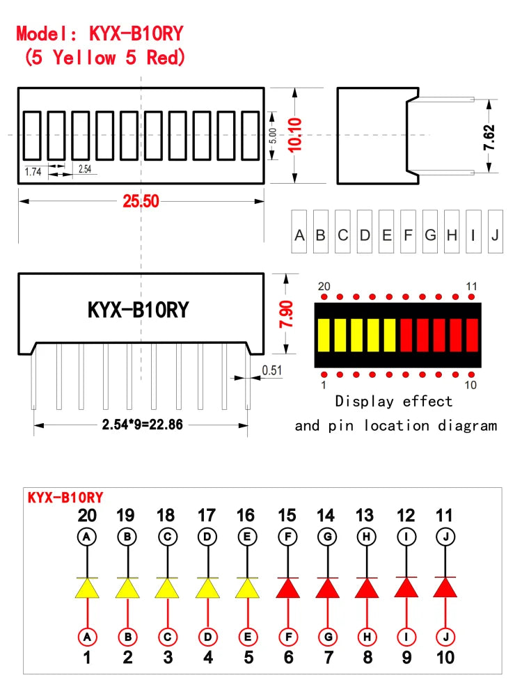 10pcs Multi-Color LED Display Bargraph Light 10 Segments Red Blue Yellow White Green Single Color Battery Level Bar Graph DIY