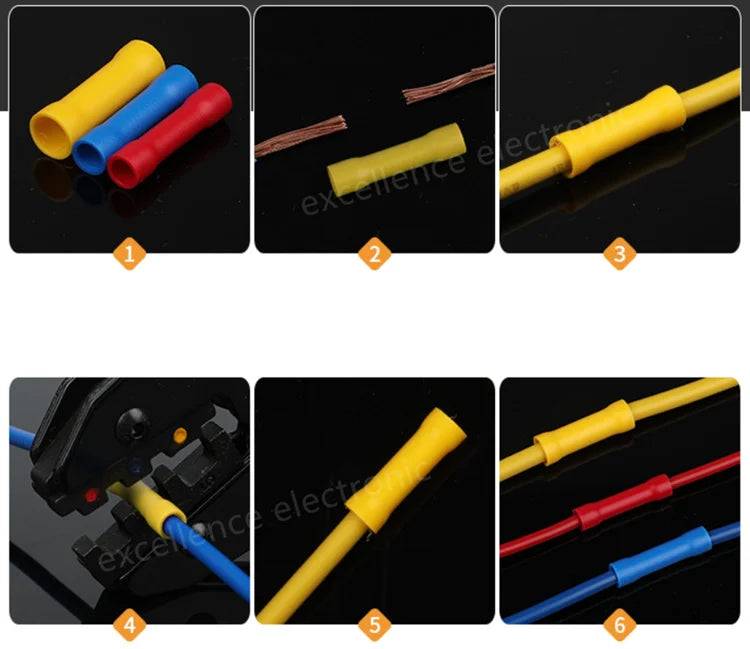 100Pcs Insulated Copper Butt Splice Terminal BV1.25 BV2 BV5.5 Cold Press Wire Connector Straight Electrical Crimp Terminal Kit