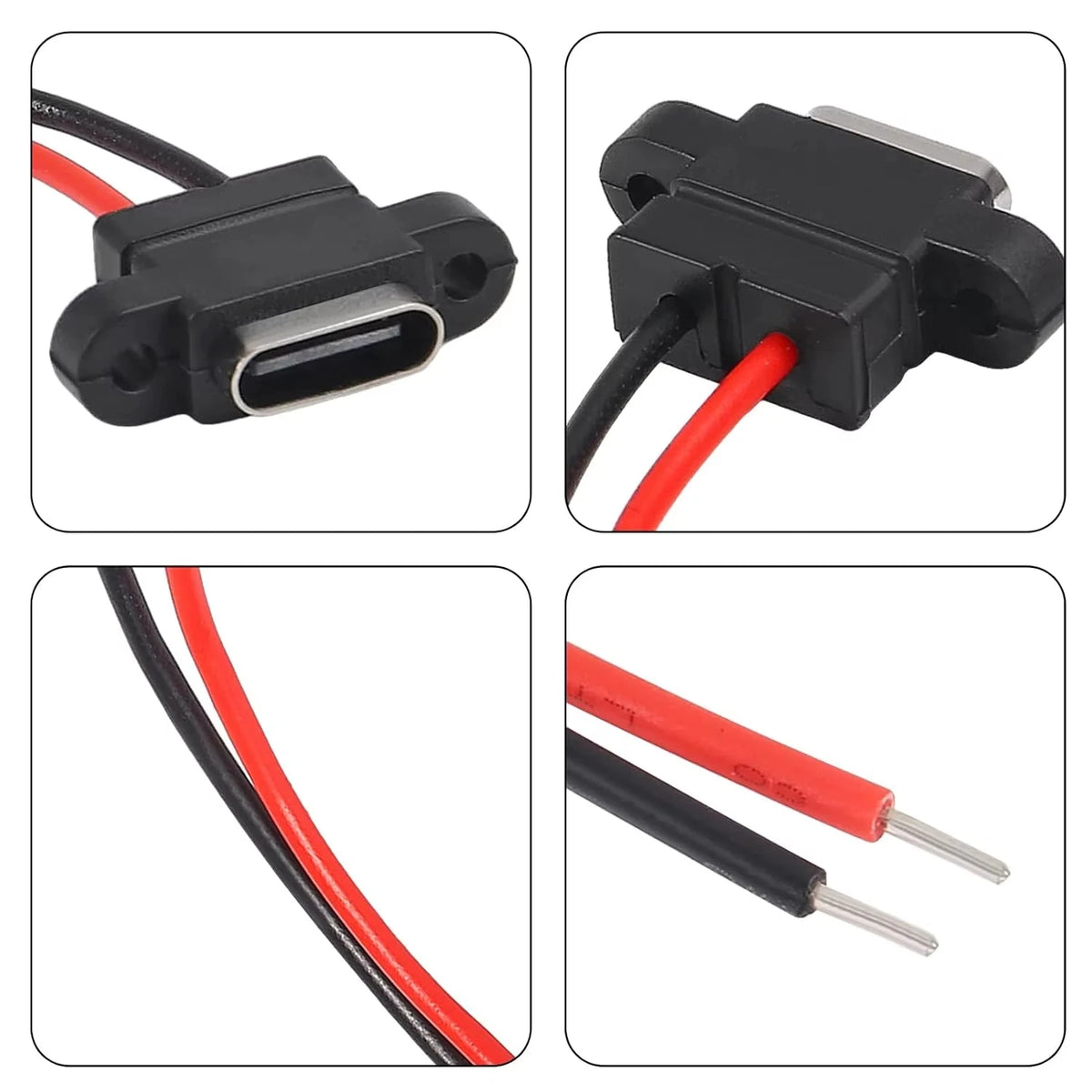 Waterproof USB Type C Female Socket, 2-Pin 3A Fast Charging Port, Direct Crimp Mount for Cable Repair & DIY Extension