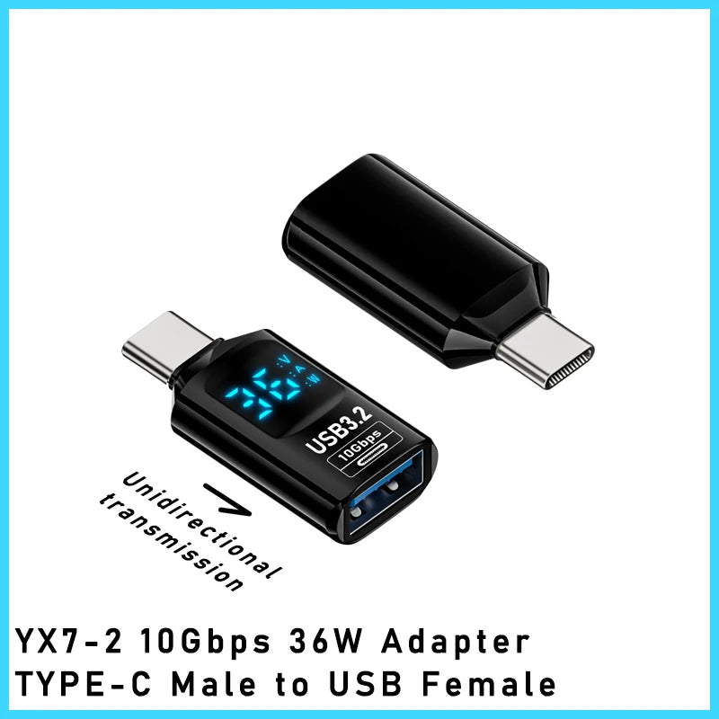 Digital LED Display USB 3.2 Adapter 36-60W 10Gbps Laptop Type-C Converter Data Transmission Smart Chip Power Meter Tester