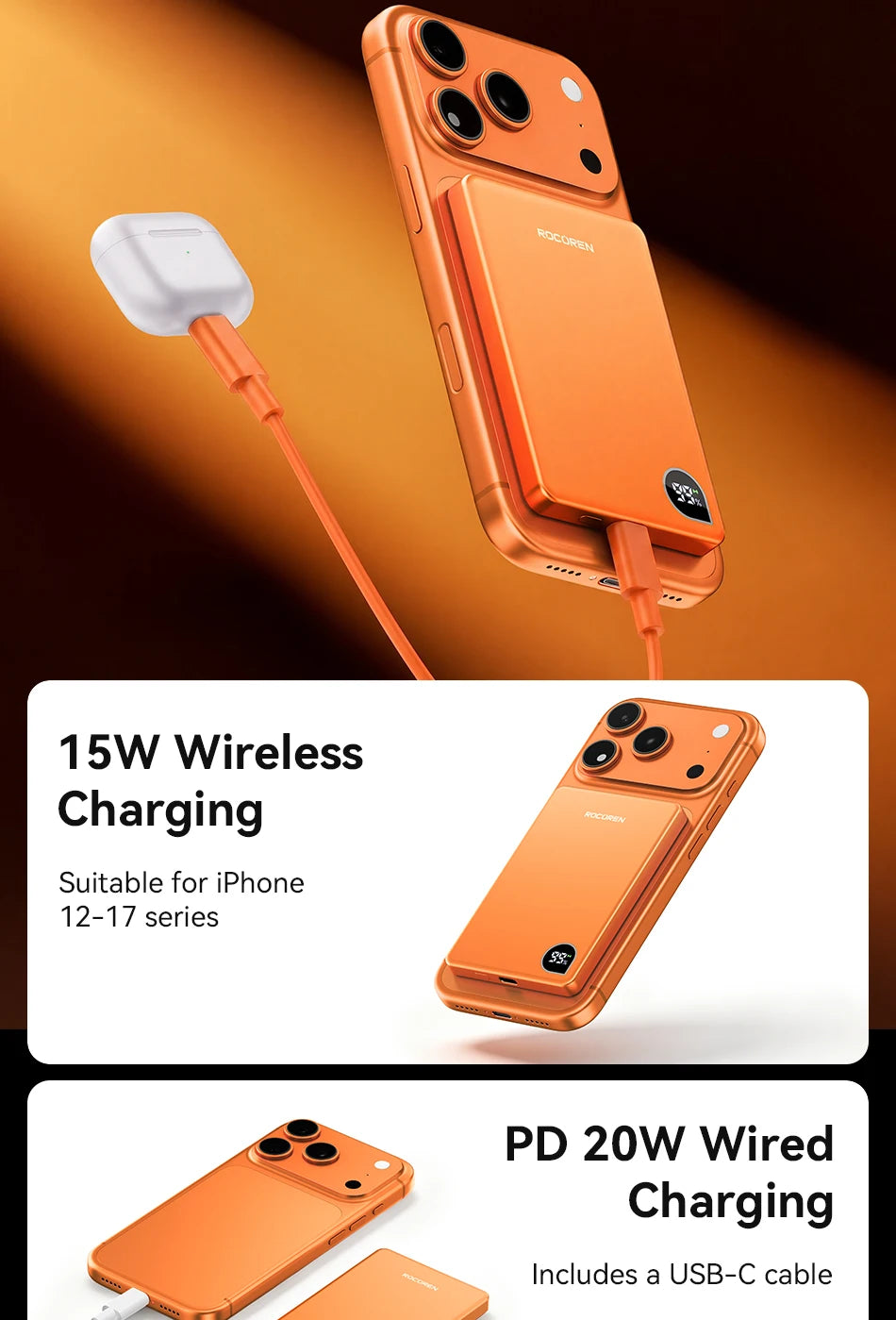 Rocoren 10000mAh Magnetic PowerBank Fast Charging 5000mAh Power Bank Portable Wireless Charger Battery For iPhone 18 17 Pro Max