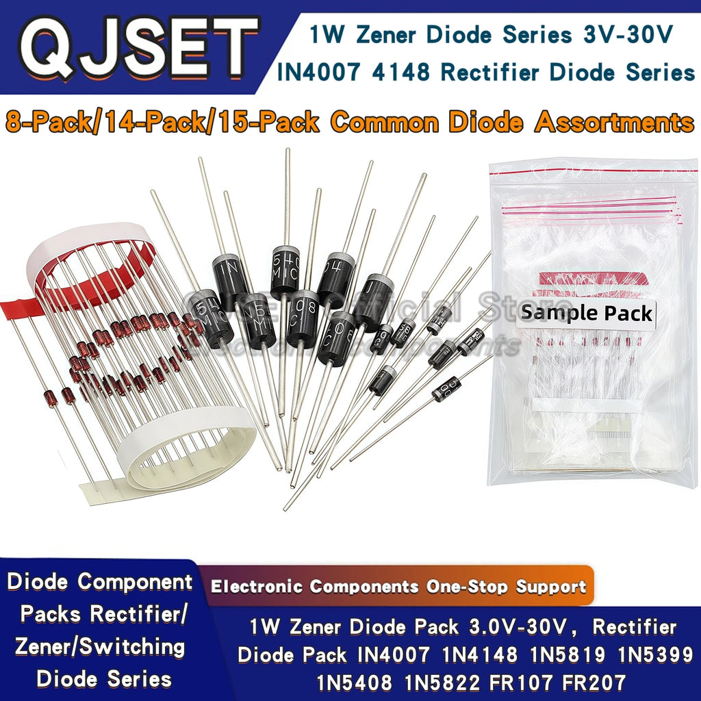 100/140/150pcs DIP Diode Set 1W 3V 3.3v 3.6v 3.9 4.3V-30V Zener Diode Pack IN5408 1N4007 1N4148 1N5819 FR107 IN5399 FR207 IN5822
