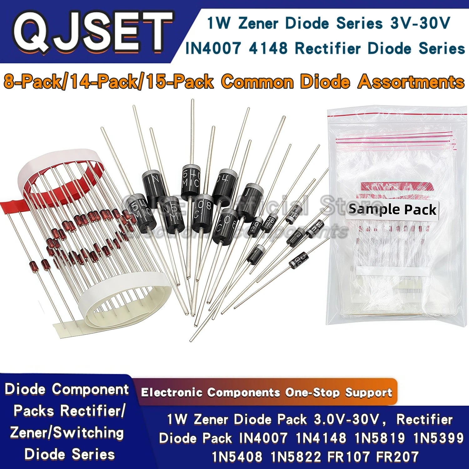 100/140/150pcs DIP Diode Set 1W 3V 3.3v 3.6v 3.9 4.3V-30V Zener Diode Pack IN5408 1N4007 1N4148 1N5819 FR107 IN5399 FR207 IN5822