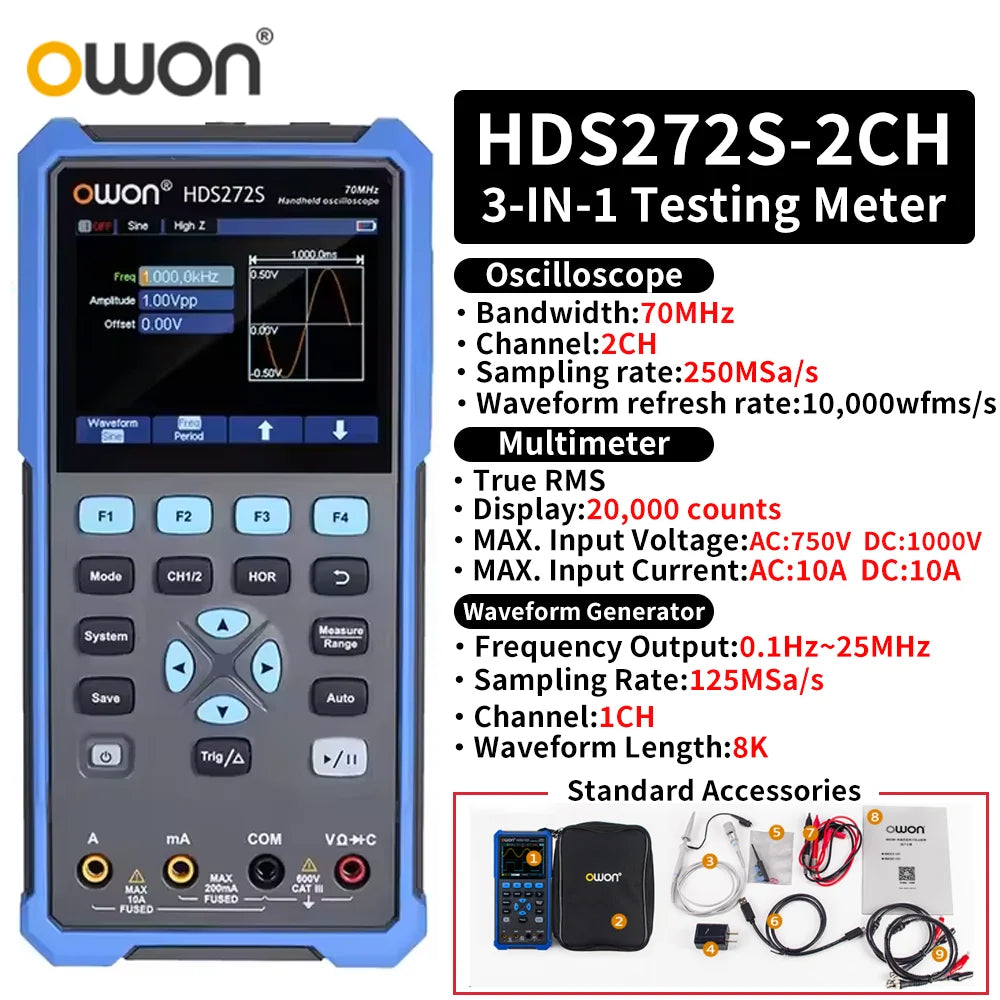 OWON HDS2102S/HDS272S/HDS242S Handheld 3-in-1 Digital Oscilloscope, Signal Generator, Multimeter | 100MHz Bandwidth, 2 Channels