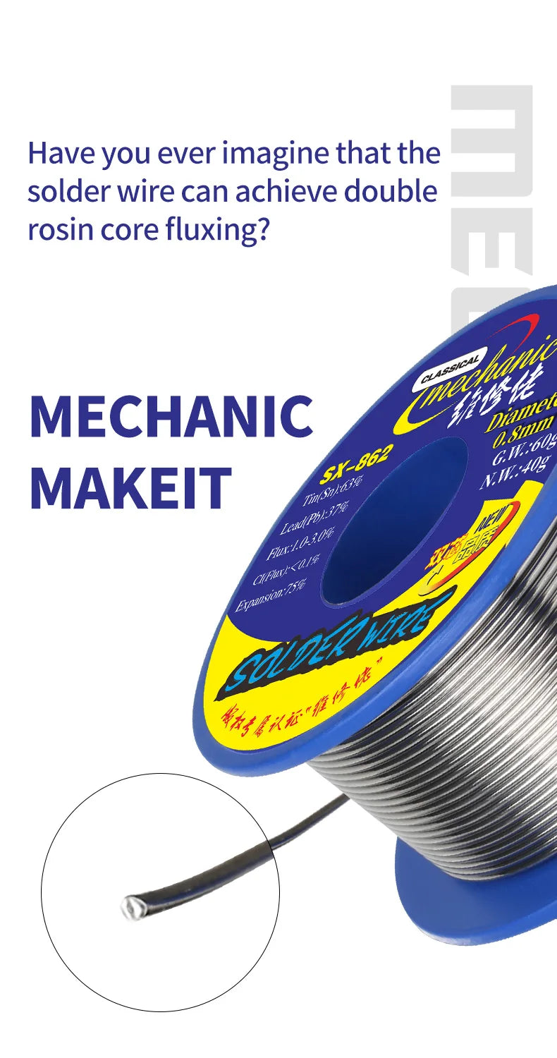 MECHANIC SX-862 60g Double Hole Rosin Core Solder Wire 183℃ Melting Point Solder Flux 1-3% No-residue High Purity Welding Cable