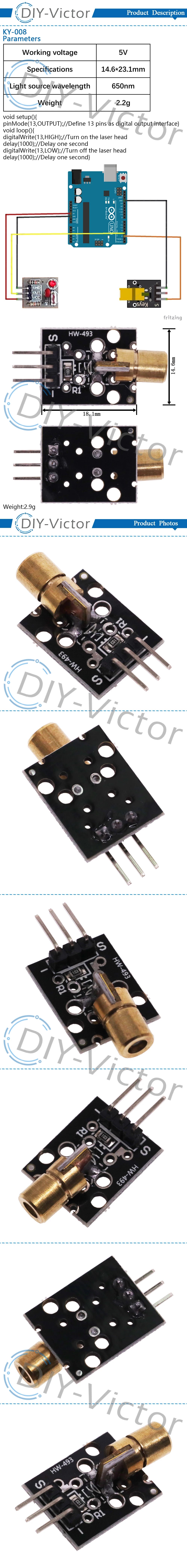 KY-008 650nm Laser Sensor Module 6mm 5V 5mW Red Dot Diode Copper Head for Arduino
