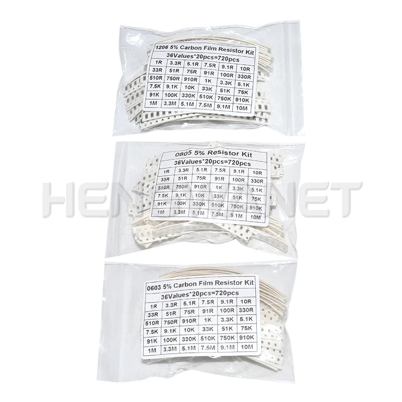 720pcs 0603 0805 1206 SMD Resistor Kit 1R-100M 10K 100K 1K 1R 100R 220R 5% Electronic Set