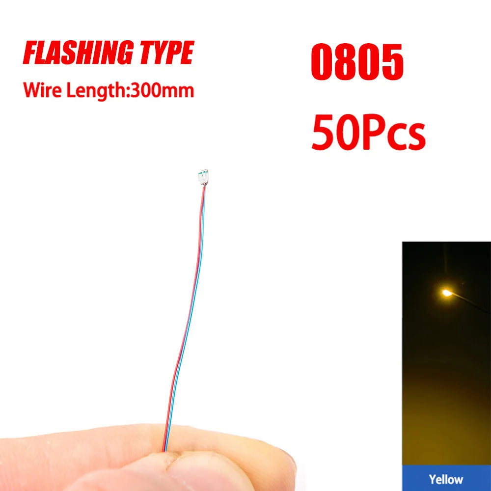 50pcs 0805 FLASHING LED SMD Lamp Wired Micro Litz Led Pre-Soldered Chip Wired 3V Railway Model Toy Light DIY Leads Wires 30cm