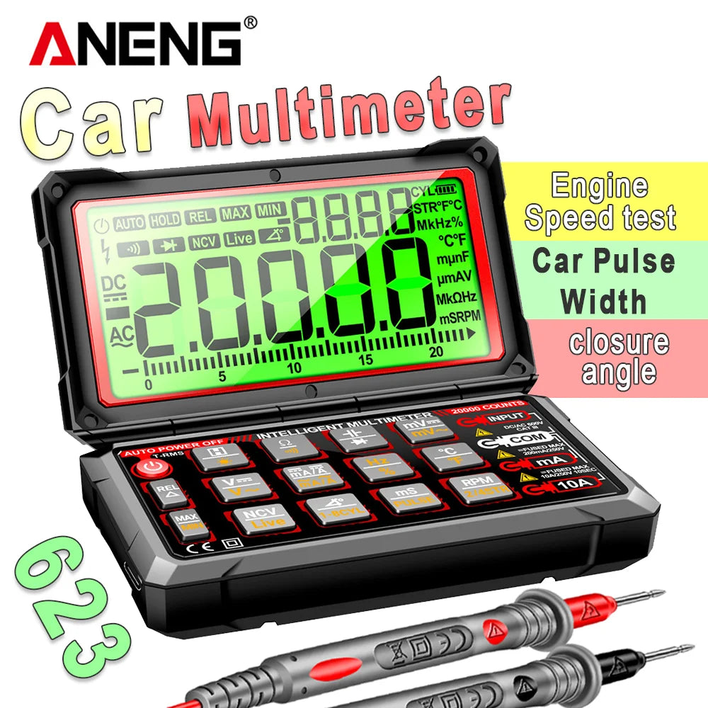 Digital Car Multimeter ANENG 623 Engine Speed Test Auto AC/DC Voltage/Current Ohm Meters Capacitance Car Pulse Width Test Tools
