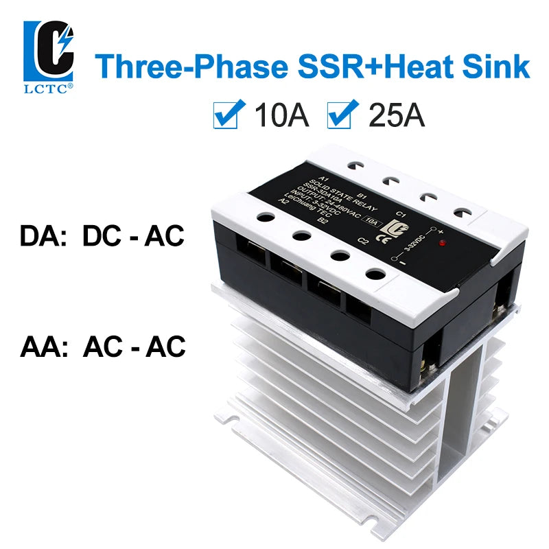 LCTC Three-phase Solid State Relay DC to AC AC to AC With Radiator 10A 25A On-off SSR 3-32VDC 24-480VAC