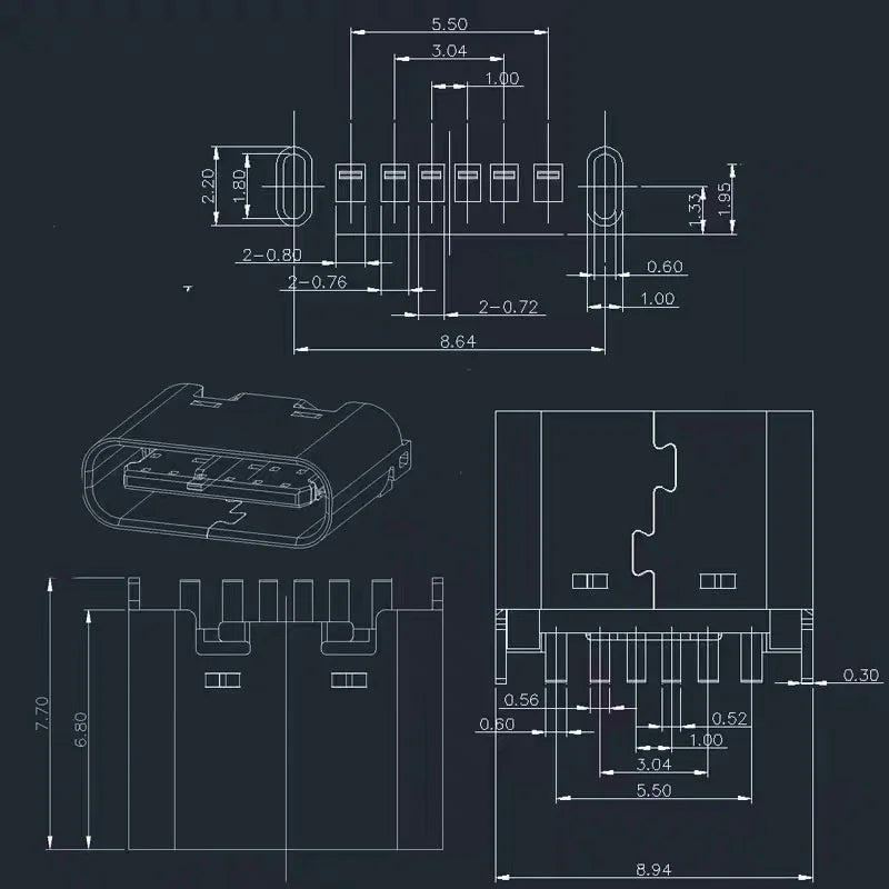 6Pin USB C Female Connector Panel Mount Jack TYPE-C Charging Port of Solder Wire Type Socket With PD Fast Charging Vertical 6.8H