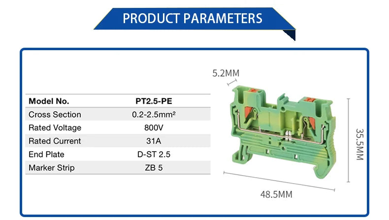 100Pcs PT2.5-PE Push-in Ground Feed Through Protective Earth PE Wire Electrical Connector Din Rail Terminal Block PT 2.5-PE