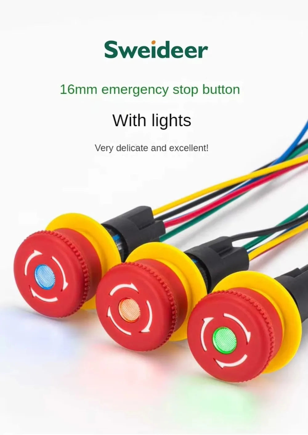 16MM Red Illuminated Rotary Emergency Stop Button Switch Wired with Light 1NO1NC Rotate Reset Welding Pin Knob Plastic Switches