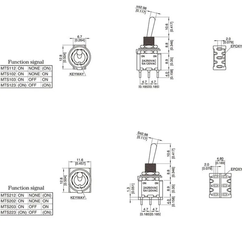 5Pcs Miniature Lever Toggle Switch Single Pole Double Throw ON-OFF-ON /ON-ON 120VAC 6A 1/4 Inch Mounting MTS-102 103 202