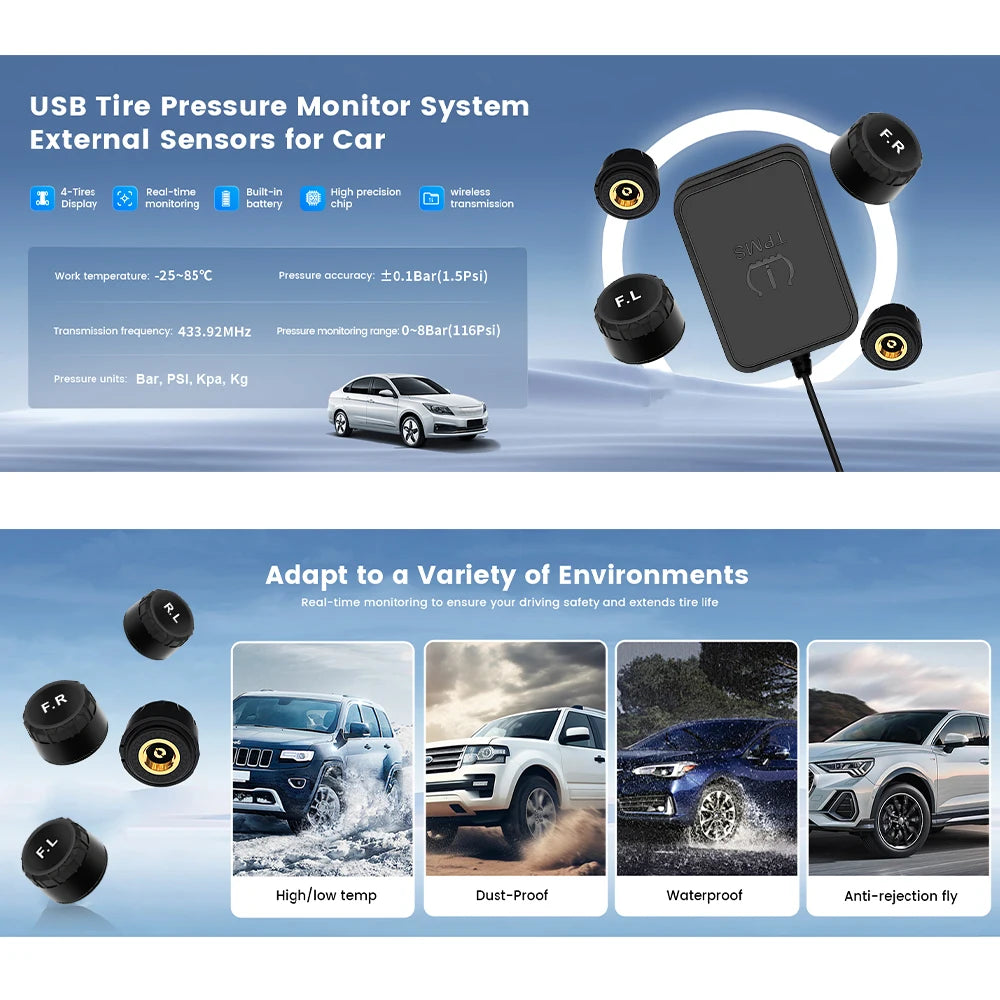 KEBIDUMEI Car Tire Pressure Monitor System USB Android TPMS For Navigation Player Temperature Warning Sensors Car Accessories