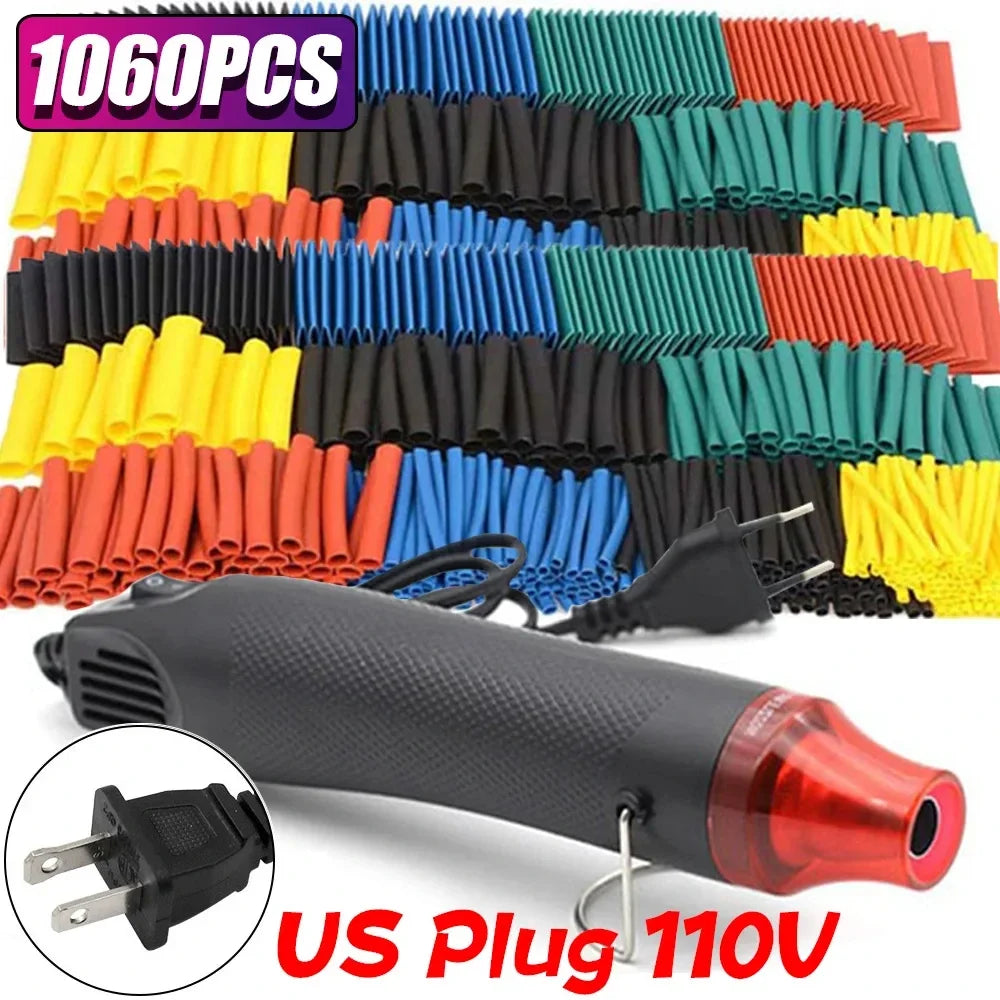 300W Hot Air Gun 110V US Plug with Heat Shrink Tubing Kit 2:1 Shrinkable Wire Connect Cover Cable Repair Protection Heat Gun