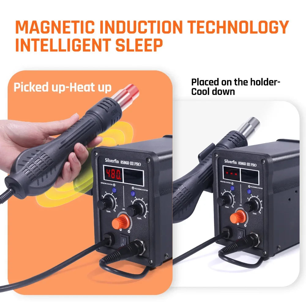 Silverflo 780W 8586D-III PRO Soldering Station 2 IN 1 Hot Air Rework Station Fsat Heating Soldering Iron with Sleep Mode