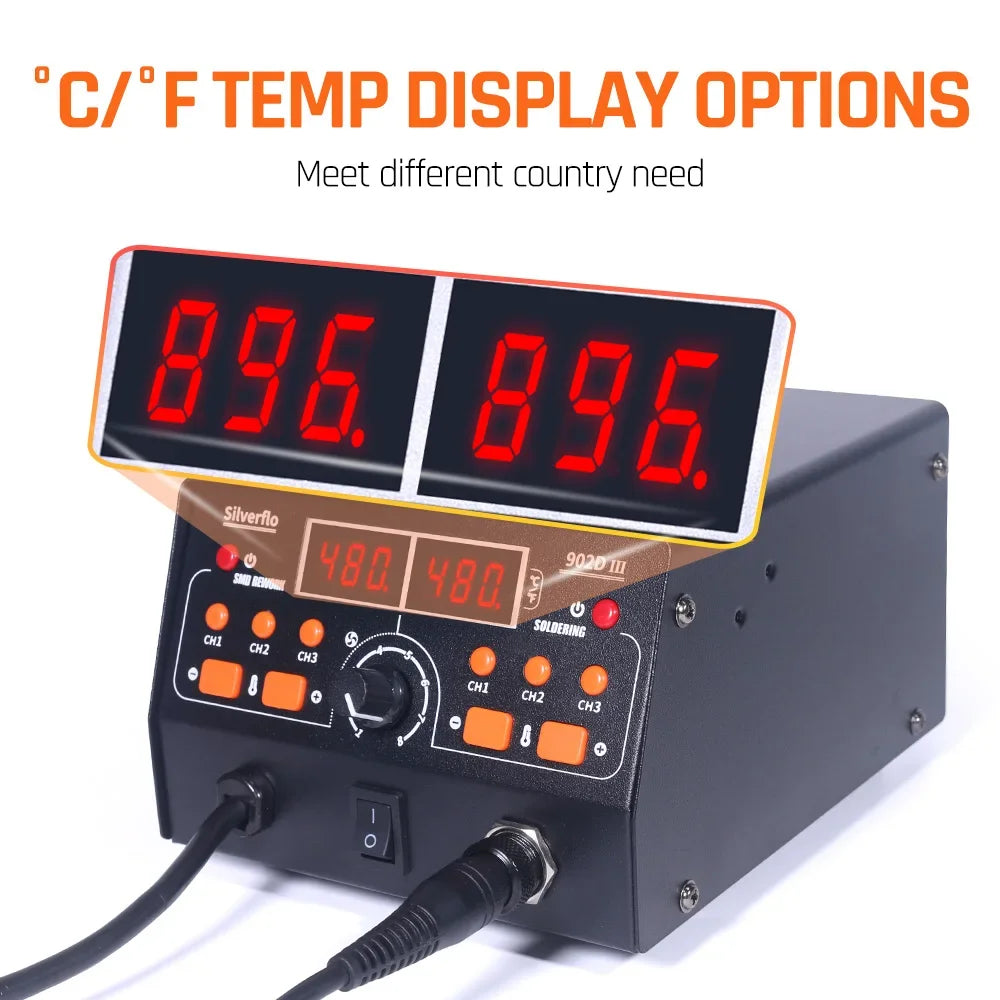 Silverflo 902D-III Soldering Station 2 in 1 Hot Air Soldering Station Rework Station with 3 Preset Channels for SMD PCB Repair