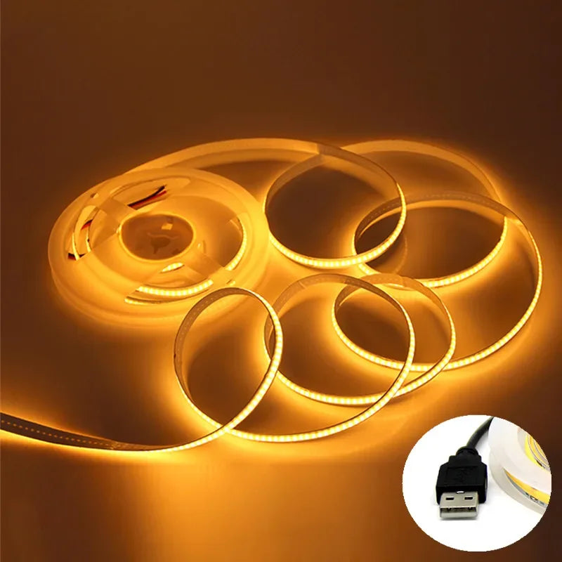 USB COB Lamp Strip DC5V 320LEDs/M White/Red/Pink/Ice Blue/Yellow Cabinet Light Lamp TV Backlight Flexible Ribbon Rope LED Strip