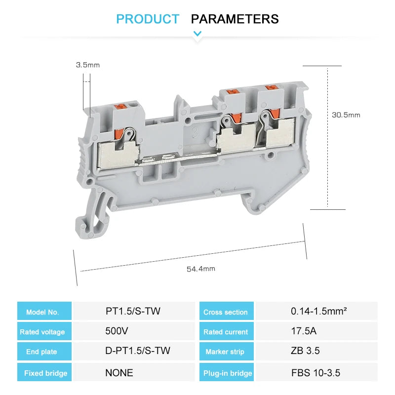 10Pcs PT1.5-TW PT 1.5-TW Push-In Twin 3-Conductor Feed-Through Strip Wire Electrical Connector Din Rail Terminal Block PT 1.5TW