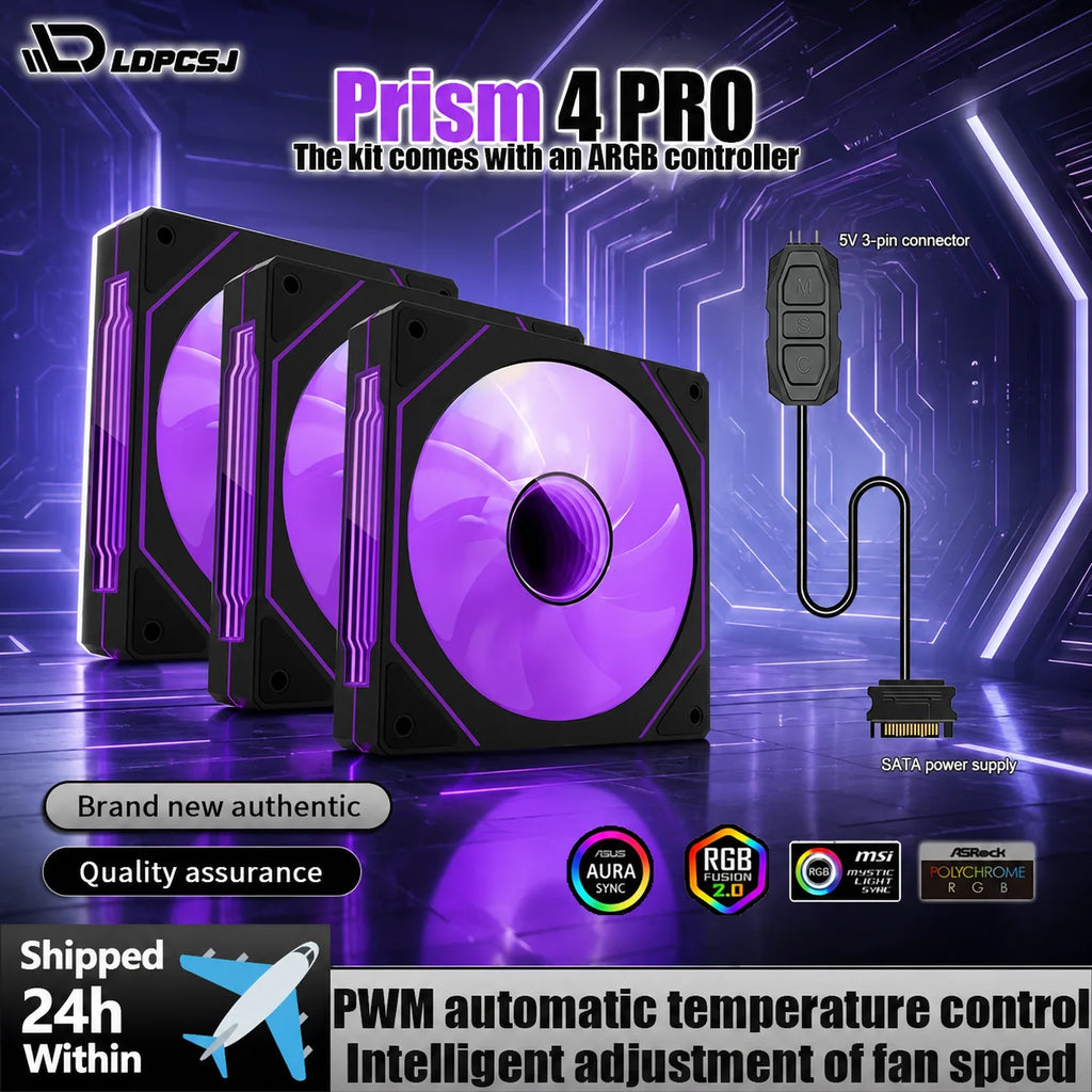 LDPCSJ PRISM 4 PRO 120mm PC Case Fan Equipped with ARGB Controller, 4-Pin PWM Silent Cooling Fan,12V 3Pin Addressable ARGB,45.2CFM High Airflow 600-1500RPM Synchronizable RGB Fan for Gaming Desktop Water Cooling Computer Chas