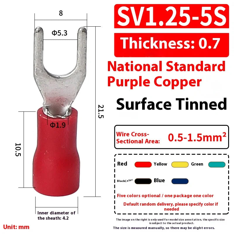 Fork Crimp Terminal Copper Tin Plating Insulated Terminal Block U-Type Wire Connector Thickened Copper Cable Joint SV1.25/2/-3/4