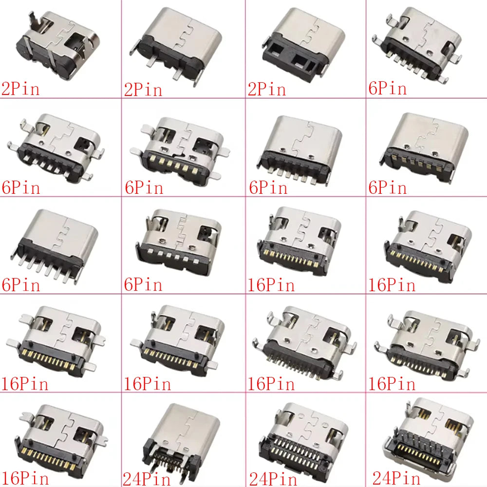 10Pcs USB Connector Type C Female Charging Port Jack 2P/6P/16P/24 Pin Soldering PCB SMD SMT DIY USB-C Socket Adapter
