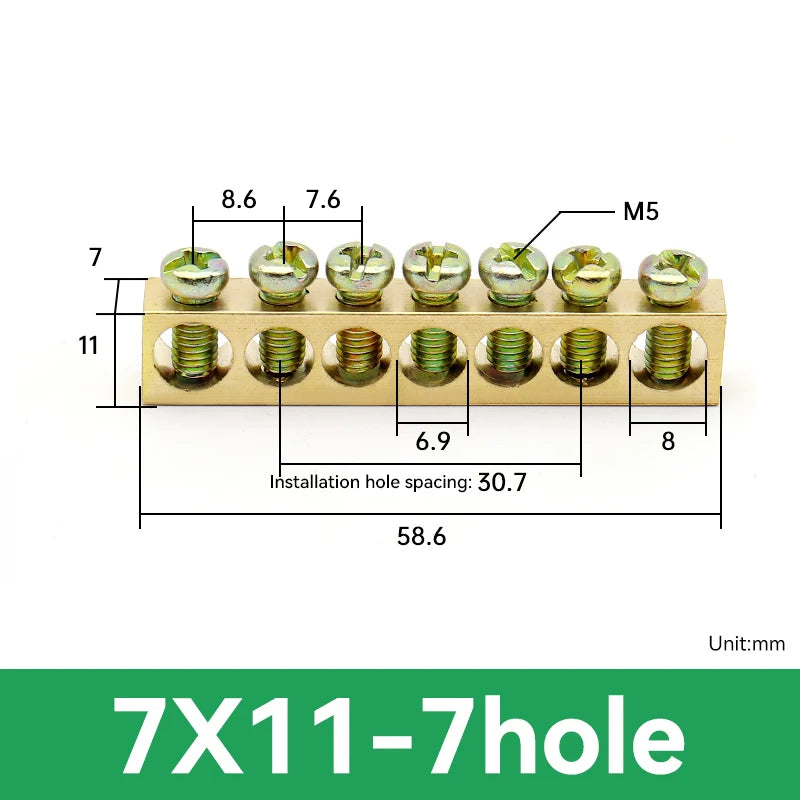 1 PCS Multi Specification Brass Ground Strip 5/6/7/8/9/10/12/15/20 Hole Brass Rod Grounding Terminal Ground Bar Terminal Strip