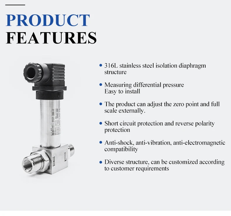 4-20mA  Water Differential Pressure Transmitter Sensor 0-0.05Mpa Full Stainless Steel G 1/2"