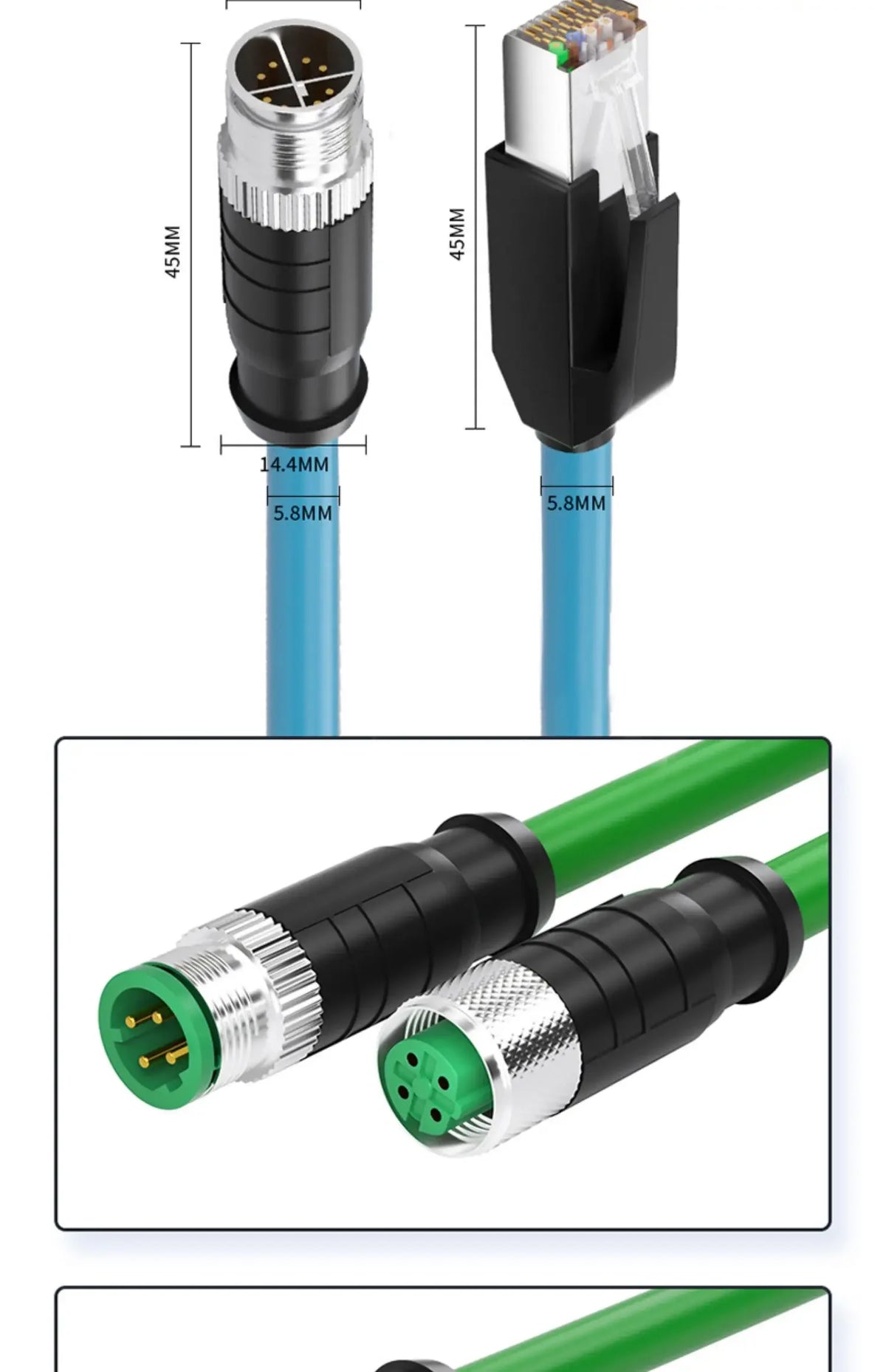 Waterproof M12 to RJ45 Network Line ip67 CAT7/CAT6A RJ45 to 4Pin 8Pin A/D/X Type Encoded Connector Cable Double Shielded Wire