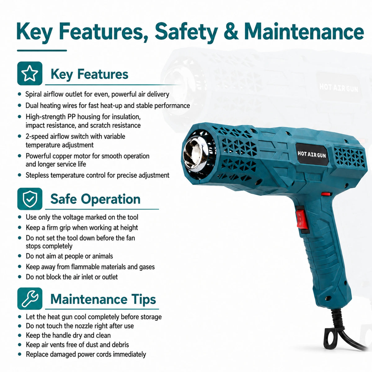 1600W Electric Heat Gun Hot Air Gun Adjustable Temperature 60-600°C with 3 Nozzles for Paint Removal Shrink Tubing Vinyl Wrap