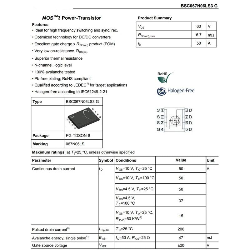 5PCS BSC067N06LS3G TDSON-8 (5x6) 067N06LS N-channel Withstand Voltage 60V Current 50A Power Transformer MOSFET