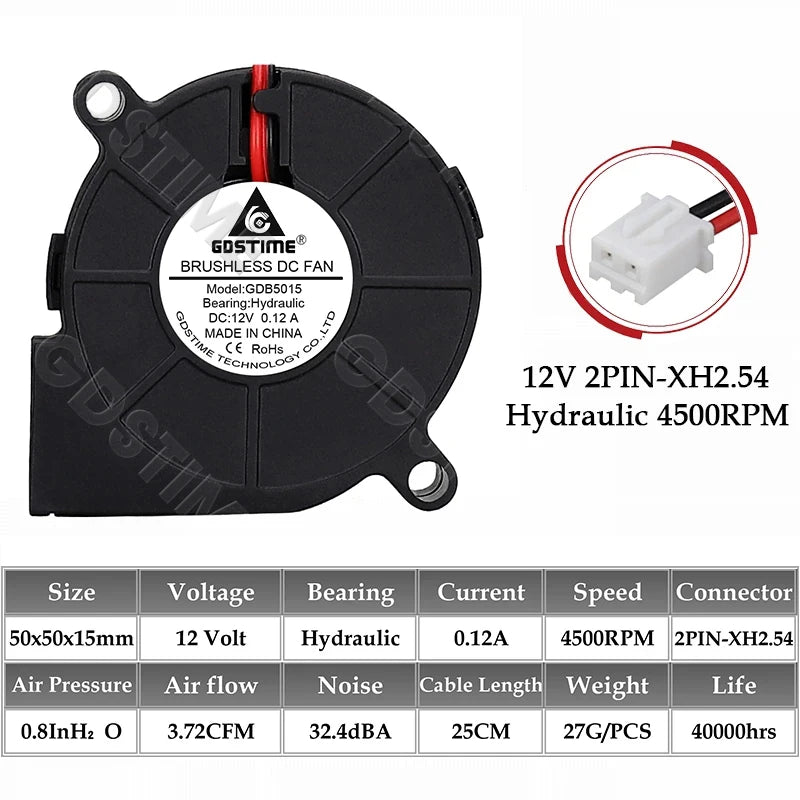 Gdstime 5015 Blower Fan 24V 12V 5V 50MMx15MM Turbine Radial Fan 5015 Dual Ball High Speed Cooler for 3D Printer Parts Cooling