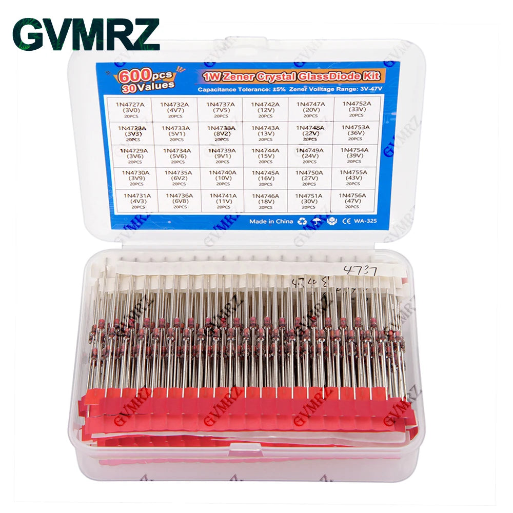 600PCS 30Values 1W Zener Diode Kit 3V-47V Box for Electronics Voltage Regulation Projects