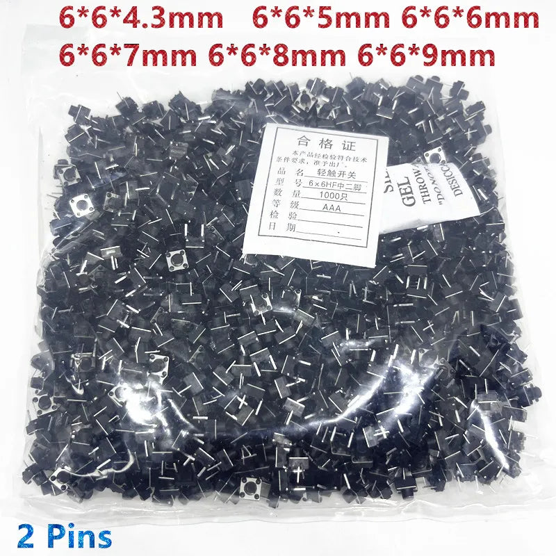 1000PCS 2 pins 6*6*4.3mm/5mm/6mm/7mm Mid-foot Switch Tactile Push Button Switches