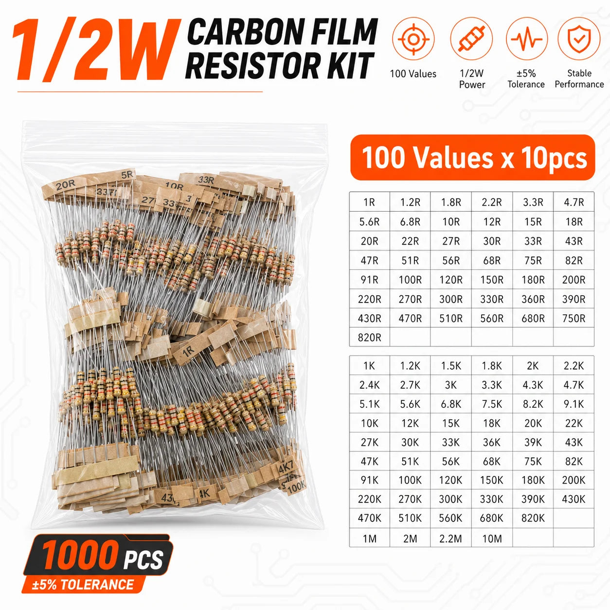 Carbon Film Resistor Kit 1/8W 1/4W 1/2W 1W 2W 3W 5W 5% 4 Band Through Hole Axial Lead Resistor DIY Electronic Components